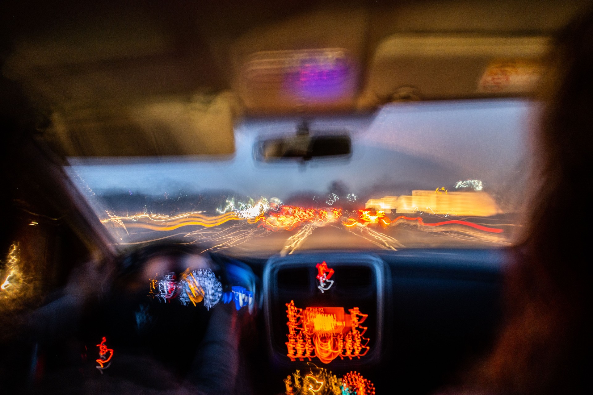 View from inside a car at night