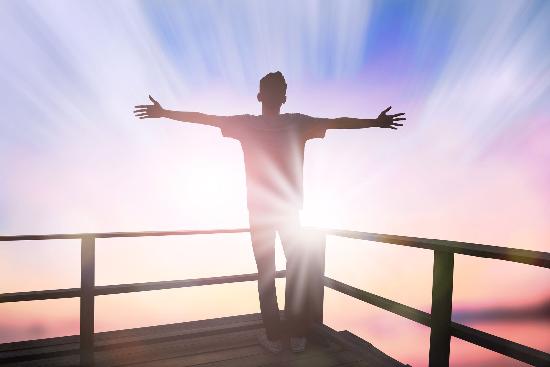Humble man and hands rise up on beautiful morning background concept for self confidence in relax emotional, he risen from wellbeing and have a good day, Christian stocker hope in financial freedom, 